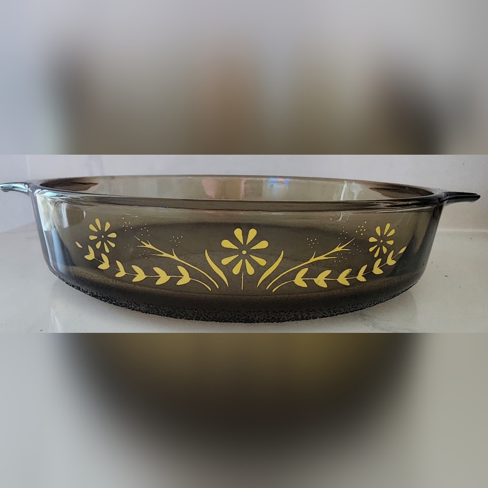 Vintage Amber Brown Glasbake Round Casserole‎ Dish Yellow Flowers 9 In